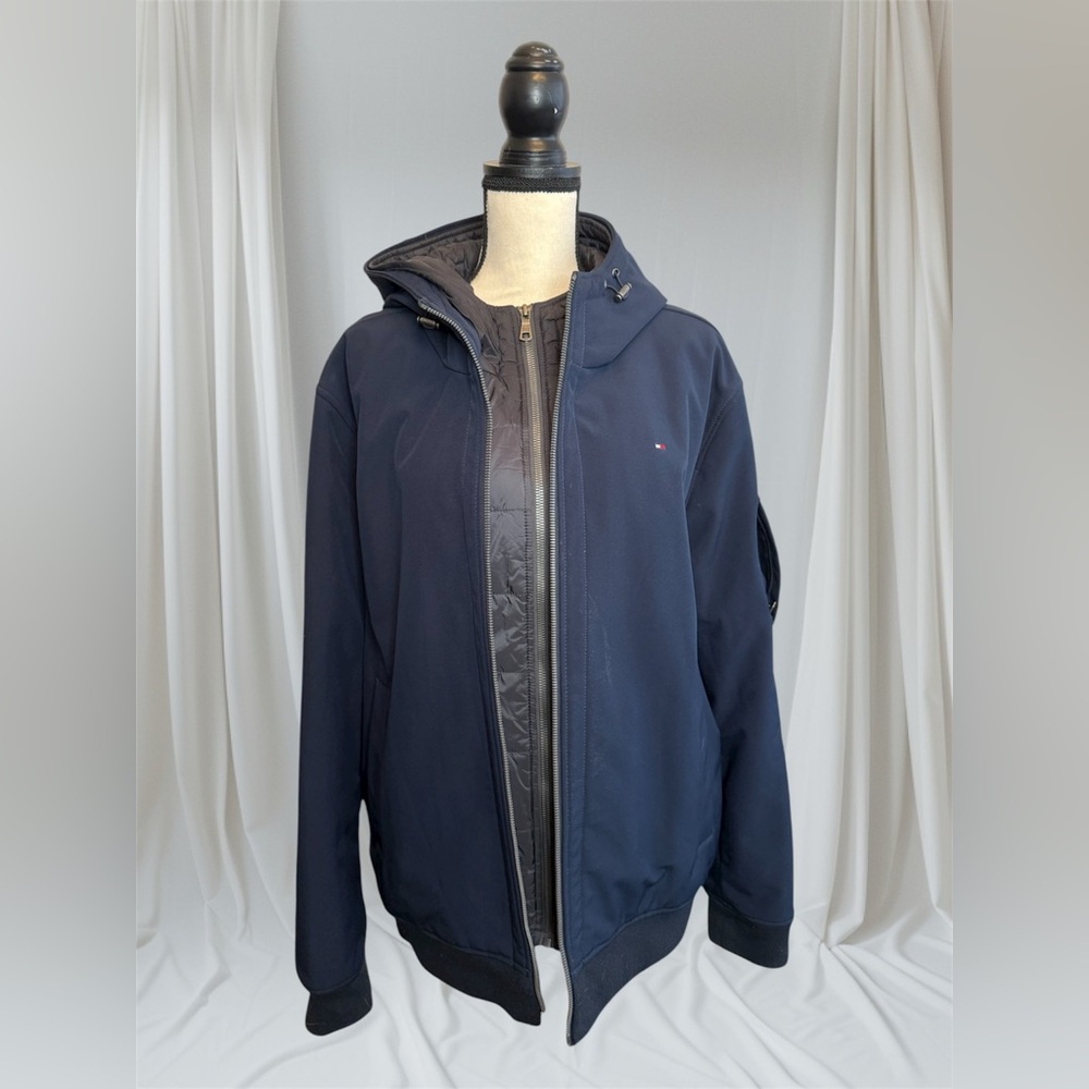 Tommy Hilfiger Navy Jacket Active Bomber Style Water Repellant Hoodie Men XL